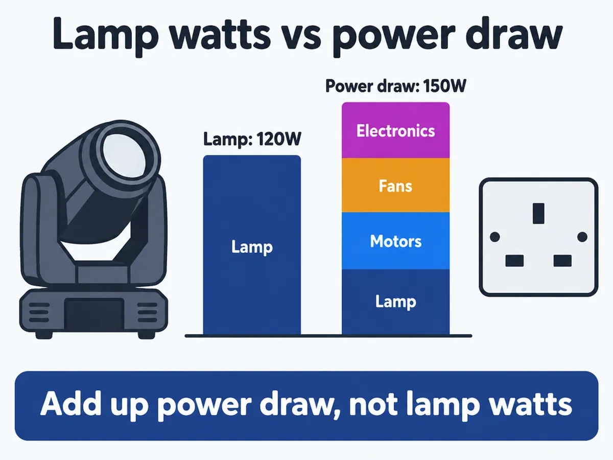 Diagram: a 120W moving head beam light draws 150W from the wall once motors, fans and electronics are added