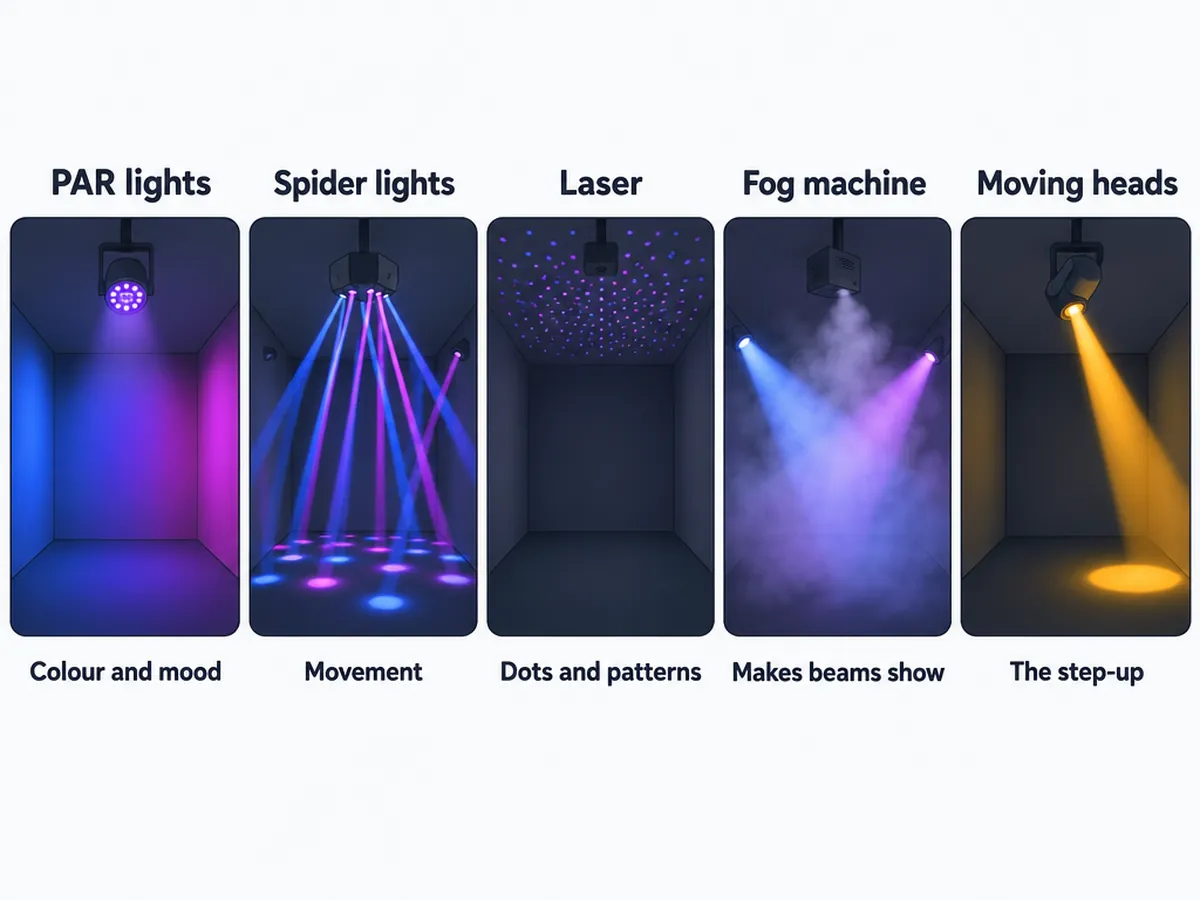 What each DJ light does: PAR lights for colour, spider lights for movement, lasers for patterns, fog to show beams, moving heads for sharp beams