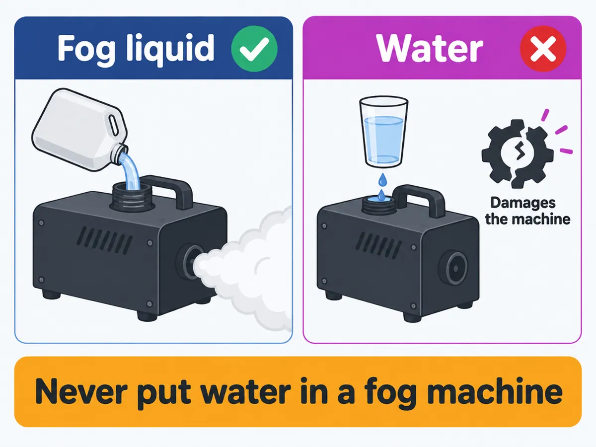 Diagram: use fog liquid in a fog machine, never water, because water makes no fog and damages the machine