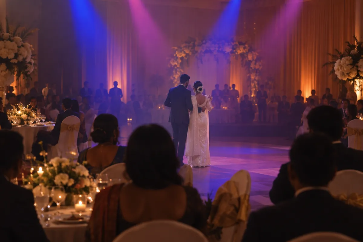 Light haze from a fog machine making coloured stage beams visible at a Sri Lankan wedding reception