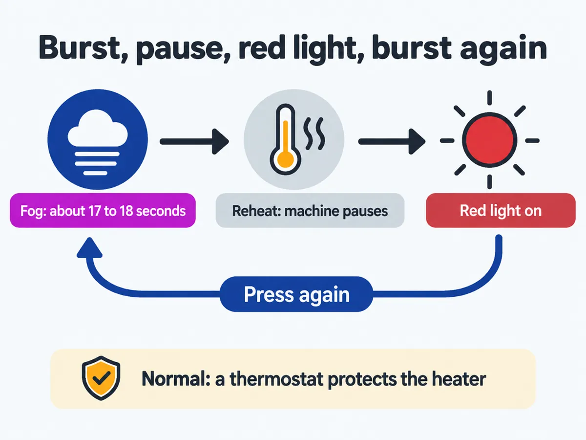 Fog machine burst cycle: about 17 to 18 seconds of fog, then a reheat pause until the red light comes back on