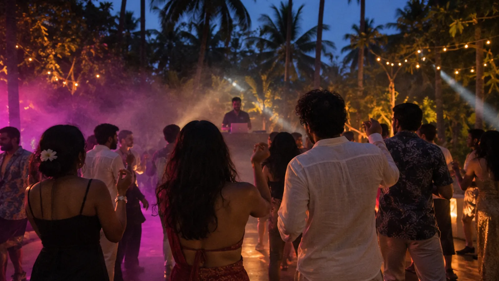 Fog drifting across a garden party dance floor in Sri Lanka, catching coloured party lights